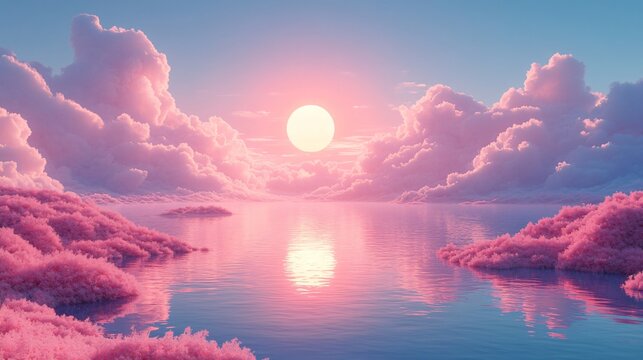 Soft sunset with pink clouds over calm water