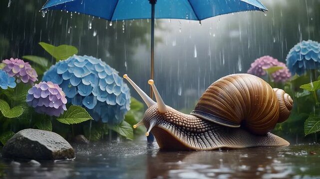 Snail using an umbrella in the rain among hydrangeas Generative AI