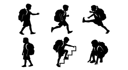 Fototapeta premium Children Backpack Silhouettes: Active Kids in Motion, Climbing, Running, Jumping