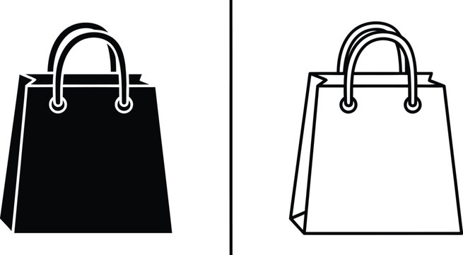 Set of 2 Shopping Bag Icons Vector: Solid Black and Outline Style for E-commerce, Retail, and Online Store Designs