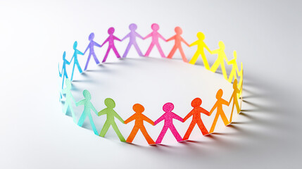 手をつないで円を作るカラフルな紙人形の列
