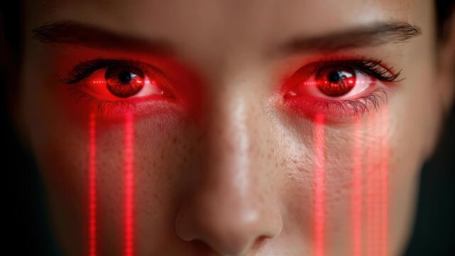 Red-Eyed Intensity: A close-up shot captures an individual whose eyes emit a vibrant red glow, with vertical red beams cascading downward.