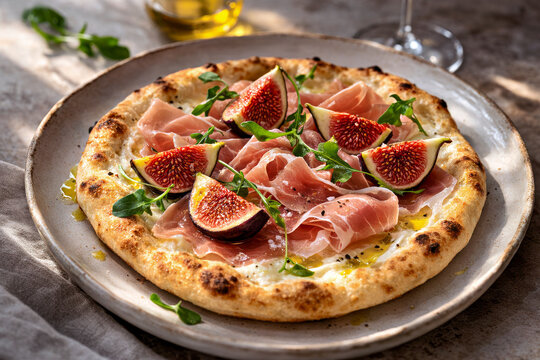 Gourmet-Pizza mit Prosciutto, frischen Feigen und Rucola