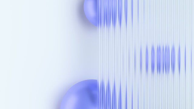 Refracted glass background with abstract blue spheres. Blurred shapes visible through textured fluted glass panel. Minimalist design for modern graphics, creative overlay and wallpaper.