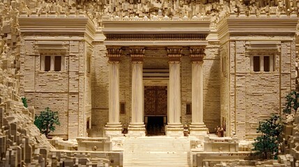 Fototapeta premium Detailed lego model recreating the ancient herod's second temple in jerusalem, with intricate architecture and surrounding landscape, offering a historical and religious perspective