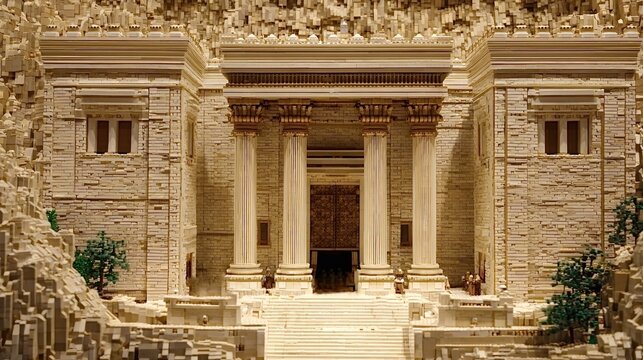 Detailed model recreating the ancient herod's second temple in jerusalem, with intricate architecture and surrounding landscape, offering a historical and religious perspective