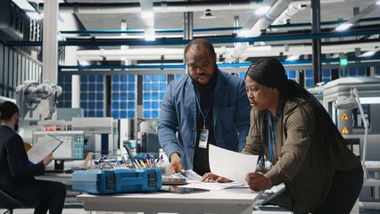 Team of african american consultants reviewing data and checklists in modern solar power facility,...