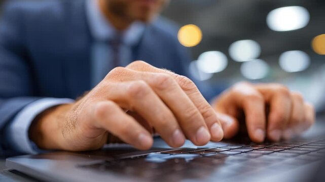 Focused Work: A close-up shot captures the determined hands of a professional as they type on a modern keyboard, symbolizing dedication, productivity, and the digital workplace.