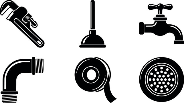 Flat design plumbing icon set with wrench plunger tap elbow pipe tape and drain in black silhouette clean landscape view
