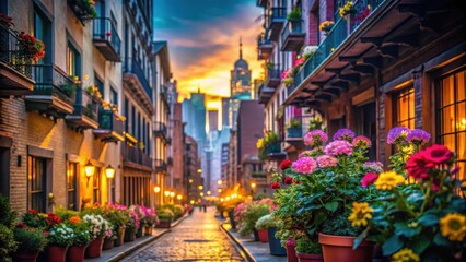 Fototapeta premium A photo of a bustling cityscape at dawn with towering skyscrapers, narrow cobblestone streets, and colorful flowers blooming on balconies