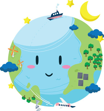 Cute Cartoon Earth with Sustainable Energy and Global Travel