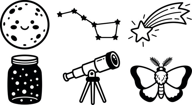 Whimsical kids doodle close up set of smiling moon, big dipper, shooting star, jar of stars, telescope and moth icons vector