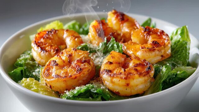 Grilled Shrimp Salad: A close-up shot of a vibrant salad features succulent grilled shrimp atop a bed of crisp, fresh romaine lettuce, creating a perfect balance of flavors and textures.