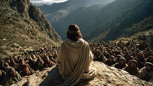 Jesus seated on a rock teaching a large crowd on a mountainside, delivering the sermon on the mount in a solemn, historical biblical outdoor scene with disciples listening