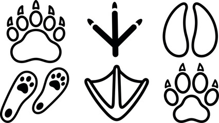 Minimalist line art animal tracks set showing bear paw, bird footprint, cloven hoof, webbed foot and barefoot prints on white