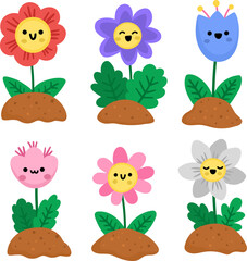 Fototapeta premium Vector smiling kawaii flowers set. Garden blooming plant on ground collection. Cute park florals clipart pack. Growing greenery with leaves isolated on white background. Flat spring illustration