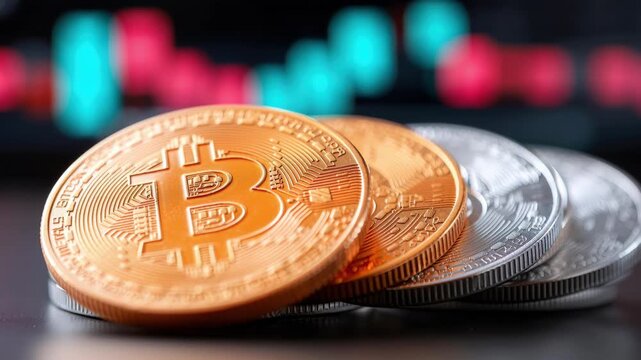 Bitcoin's Tangible Essence: A captivating perspective of bitcoin coins set against a dynamic chart, representing the core of digital finance.