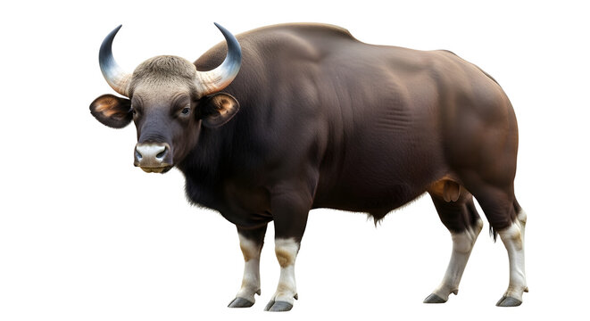 Majestic Indian gaur bull isolated on white, wild bison gaur standing, muscular dark brown ox with horns, PNG animal cutout