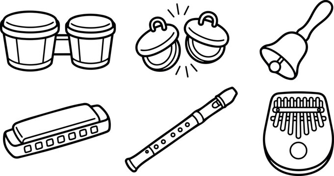 Hand drawn line art vector set of small percussion and wind instruments including bongos jingles bell harmonica recorder kalimba icons