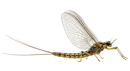 Detailed close-up studio shot of a single adult mayfly insect with delicate translucent wings and long tails, isolated on a clean white background, perfect for scientific or educational content.