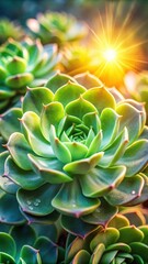 A photo of a vibrant jade succulent with bright green leaves and delicate white flowers in direct sunlight The plants waterstoring spines glisten u