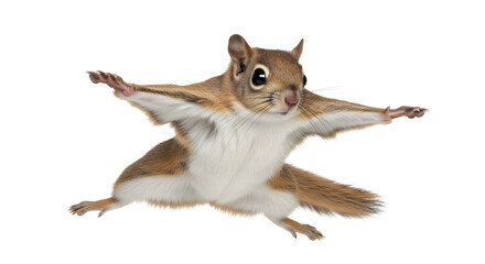 Obraz premium Flying squirrel gliding in mid-air, southern flying squirrel with patagium wings extended, isolated rodent on white background