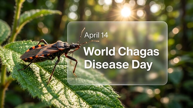 A triatomine bug on a green leaf with sunlight shining through the background, symbolizing World Chagas Disease Day on April 14.