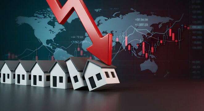 global real estate market crash with red downward arrow hitting miniature houses over financial stock market charts and world map representing economic recession and property loss