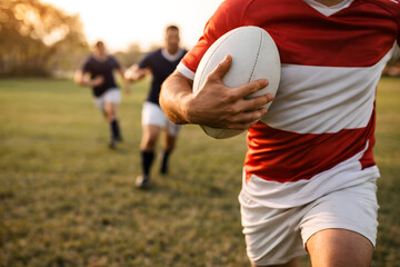 Fototapeta premium Rugby Player Running With Ball While Opponents Chase on Grass Field