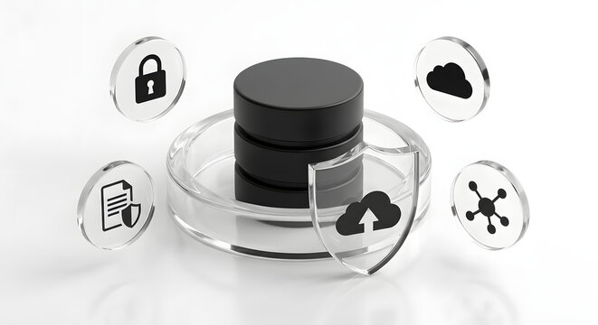 secure cloud database and data storage concept with black server cylinders protected by glass shield and floating security icons for cyber privacy and information technology