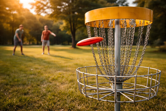 Disc Golf Throw Approaching Basket Target on Sunny Park Course