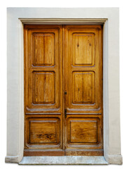 Obraz premium Vintage double-leaf entrance door made of solid wood, with rectangular embossed panels, 19th century classic style, in gray plaster frame isolated on white, clipping path included