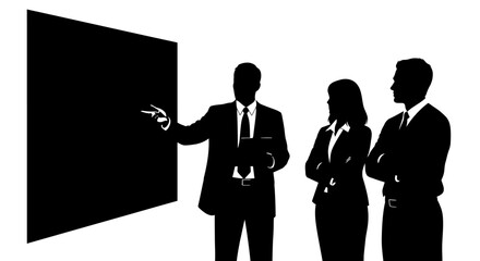 Business team in silhouette giving presentation at a blackboard