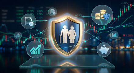 Fototapeta premium retirement planning and elderly insurance concept with protective shield over senior couple icon including financial growth charts coins and piggy bank for pension security