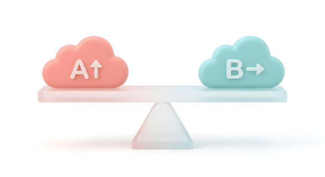 ab testing concept with cloud icons a and b on balance scale representing split testing website optimization marketing strategy and user experience comparison in 3d style