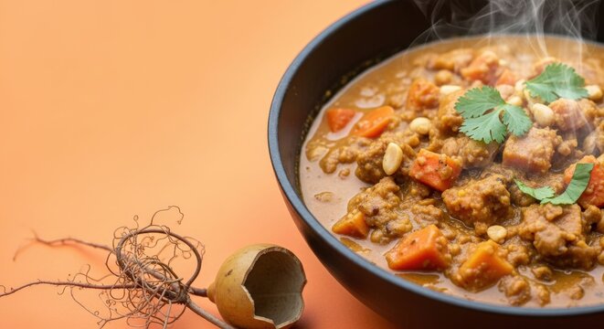 Gourmet West African Maafe Peanut Stew with Warm Orange Negative Space and Artisanal Heritage Accents