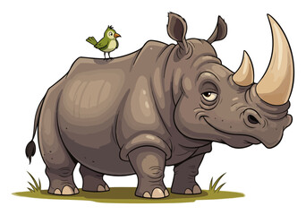 Rhino and little bird cartoon, cute rhinoceros animal character, wildlife safari illustration, funny wildlife art © Luka