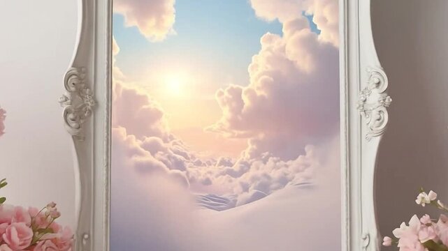 Ornate frame reflecting a beautiful sky with soft clouds and sunlight