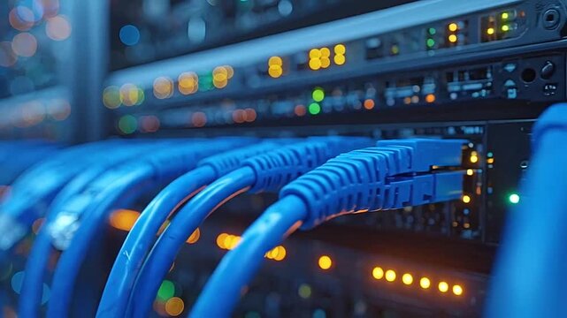 Network cables connected to a server rack with blurred lights in background