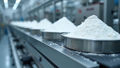 Naklejka premium Powdered ingredients move on conveyor belt in food supplement factory. White fine particles in metal containers ready for processing or packaging into products. Industrial manufacturing line.