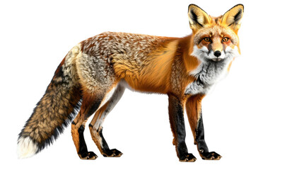 Fototapeta premium Red fox standing alert orange white black fur isolated on a transparent background