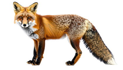 Fototapeta premium Red fox standing alert orange brown fur white markings black background isolated on a transparent background