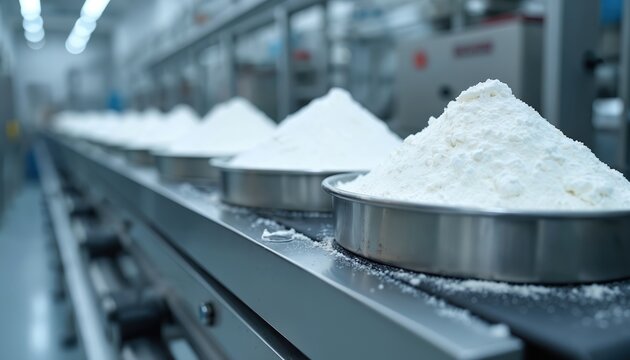 Powdered ingredients move on conveyor belt in food supplement factory. White fine particles in metal containers ready for processing or packaging into products. Industrial manufacturing line.
