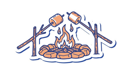 Hand-Drawn Vector Illustration of Marshmallows Roasting over Campfire