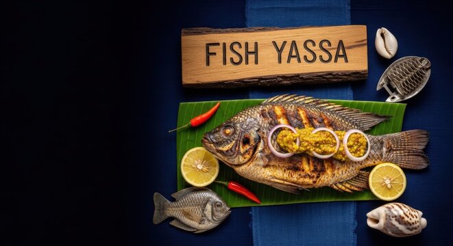 Gourmet Fish Yassa: Grilled Whole Tilapia on Banana Leaf with Dramatic Negative Space and Heritage Indigo Accents