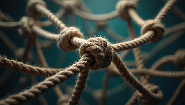 Intertwined rope net forms complex pattern with knots. Single clear rope strand stands out, symbolizing escape from tangled connections and overcoming market monopolies.