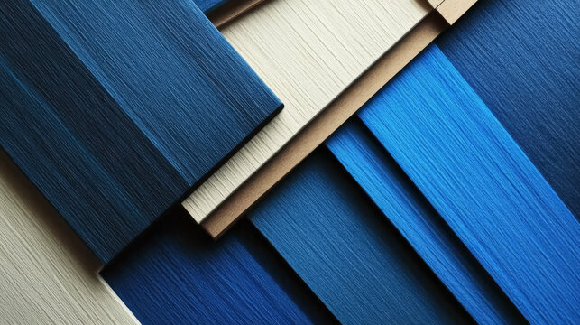 Abstract composition of layered blue and beige textured surfaces with wood grain effect