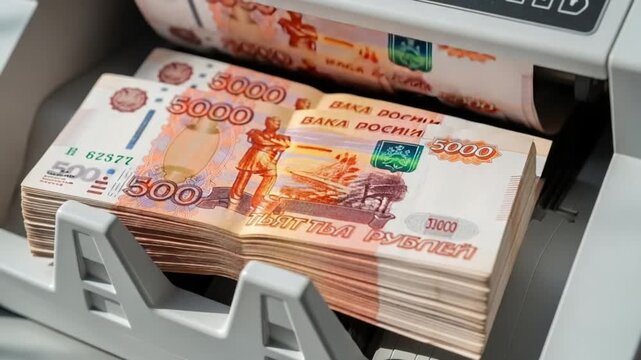 Stack of russian 5000 ruble banknotes being processed by a machine