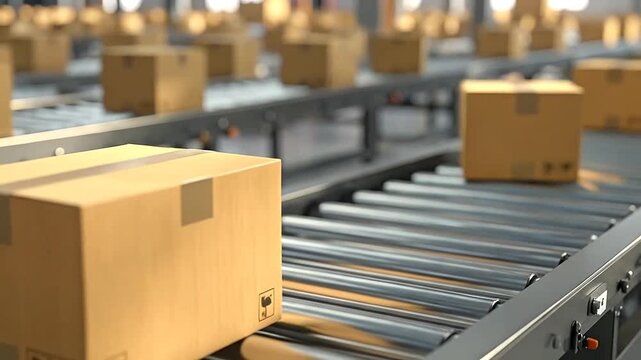 Cardboard boxes moving along a factory conveyor belt system