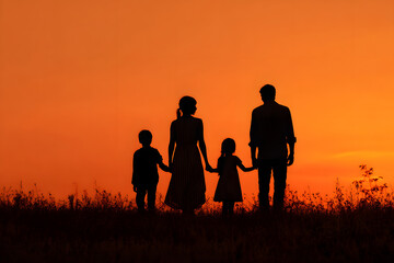 Fototapeta premium Family watches sunset while holding hands in open field with orange sky